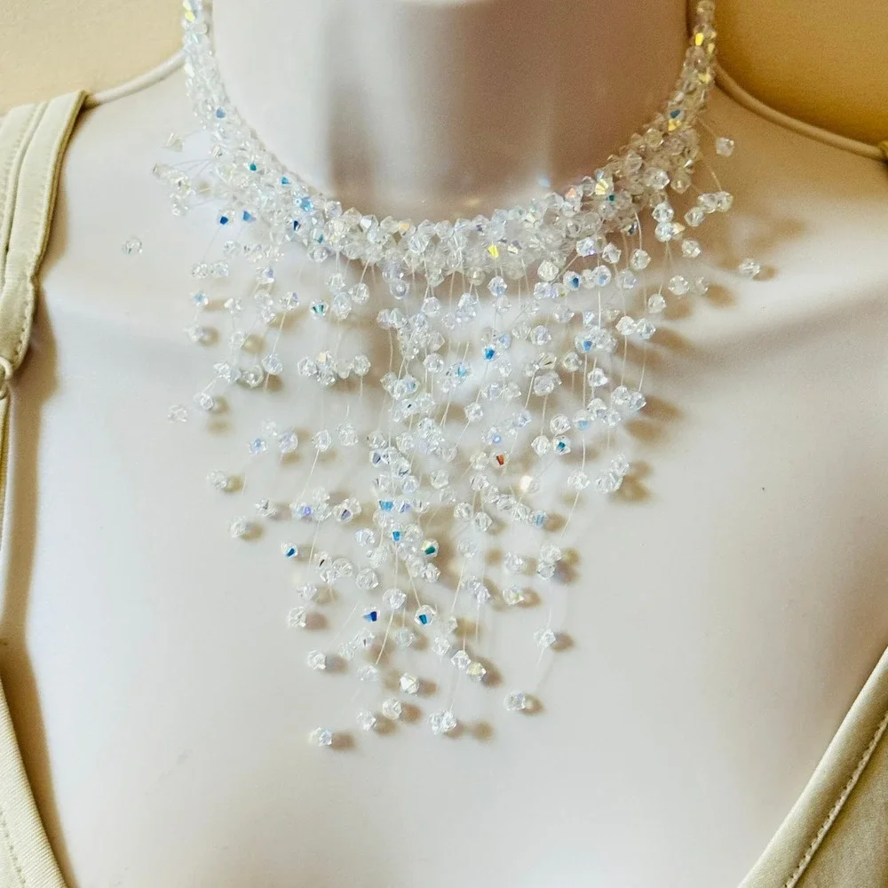 Vtg Waterfall Cascading Necklace Aurora‎ Borealis Crystal Statement Sparkly 14